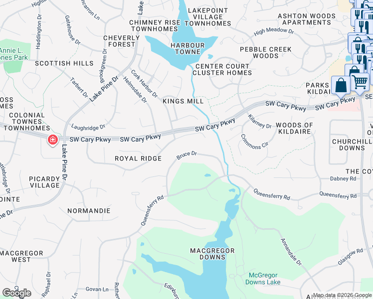 map of restaurants, bars, coffee shops, grocery stores, and more near 114 Bruce Drive in Cary