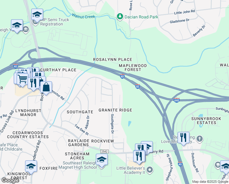 map of restaurants, bars, coffee shops, grocery stores, and more near 1212 Southgate Drive in Raleigh