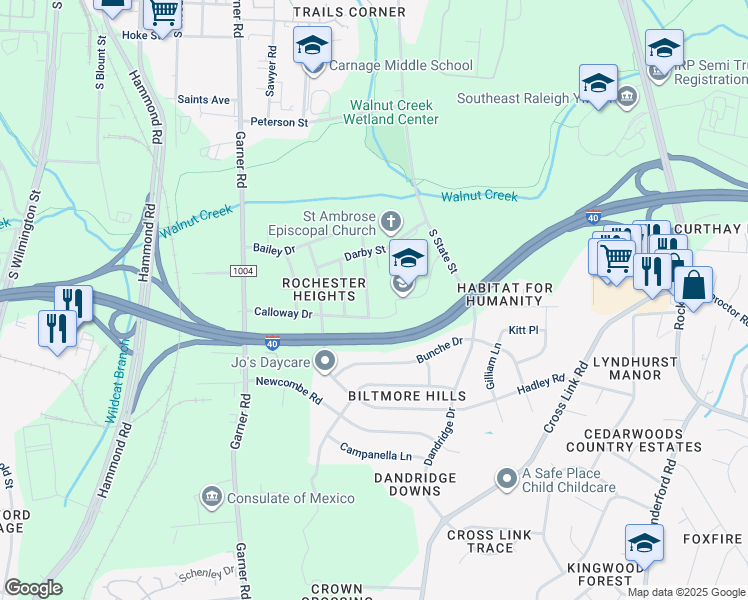 map of restaurants, bars, coffee shops, grocery stores, and more near 1933 Boaz Road in Raleigh