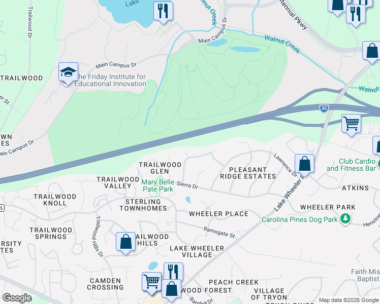 map of restaurants, bars, coffee shops, grocery stores, and more near 2601 Courier Court in Raleigh