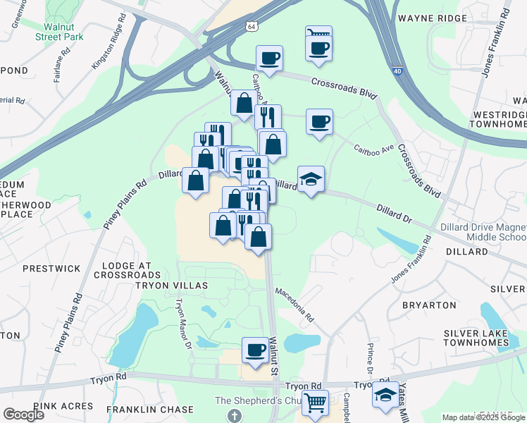 map of restaurants, bars, coffee shops, grocery stores, and more near 2315-2333 Walnut Street in Cary