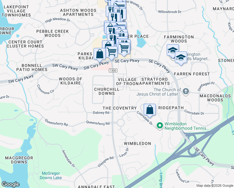 map of restaurants, bars, coffee shops, grocery stores, and more near 1424 Kildaire Farm Road in Cary
