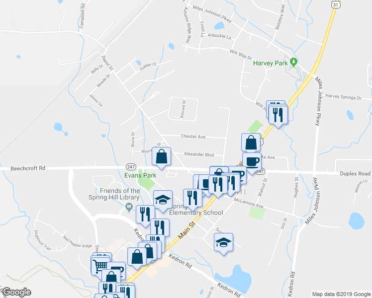 map of restaurants, bars, coffee shops, grocery stores, and more near 403 Alexander Boulevard in Spring Hill