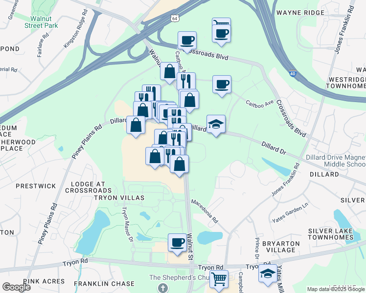map of restaurants, bars, coffee shops, grocery stores, and more near 2350 Walnut Street in Cary