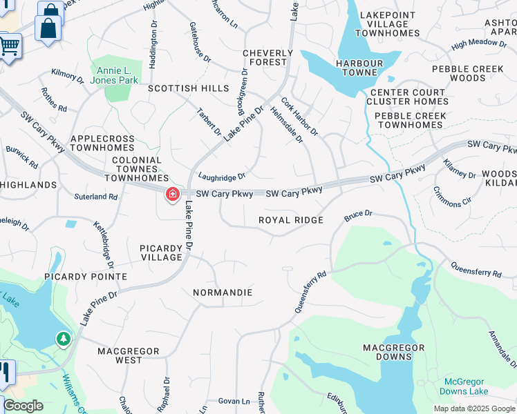 map of restaurants, bars, coffee shops, grocery stores, and more near 115 Prince William Lane in Cary