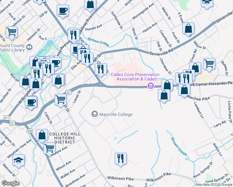 map of restaurants, bars, coffee shops, grocery stores, and more near 711 Hillside Avenue in Maryville
