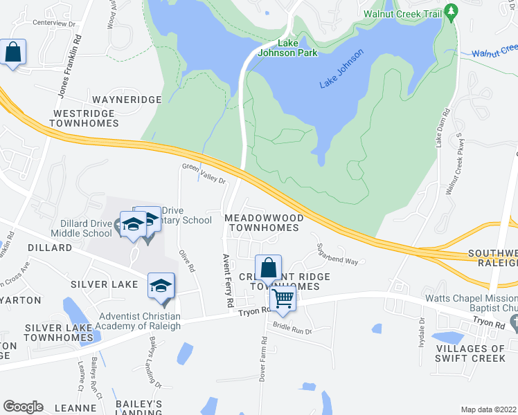 map of restaurants, bars, coffee shops, grocery stores, and more near 4522 Treerose Way in Raleigh