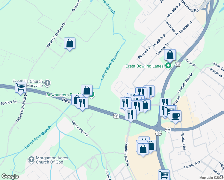 map of restaurants, bars, coffee shops, grocery stores, and more near 571 Ravenwood Drive in Maryville