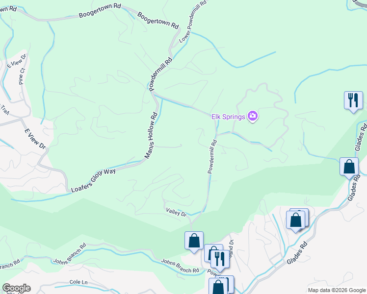 map of restaurants, bars, coffee shops, grocery stores, and more near 4207 Manis Hollow Road in Gatlinburg