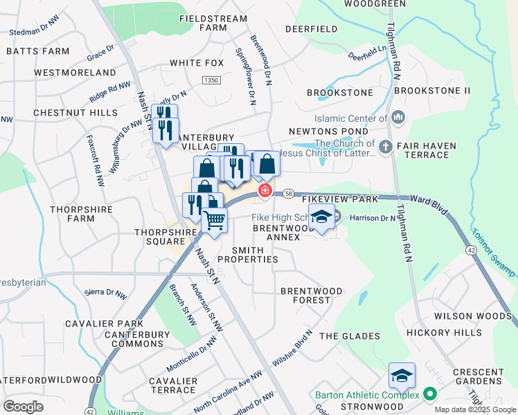 map of restaurants, bars, coffee shops, grocery stores, and more near 301 Harrison Dr N in Wilson