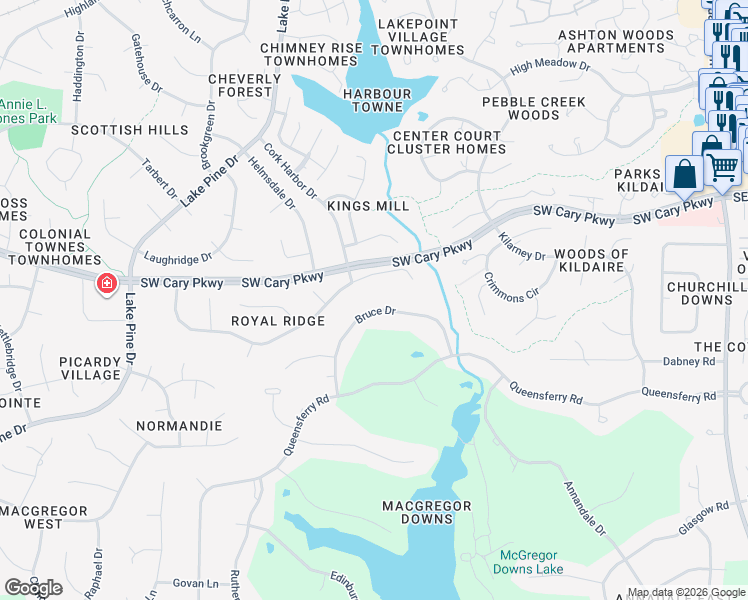 map of restaurants, bars, coffee shops, grocery stores, and more near 114 Bruce Drive in Cary