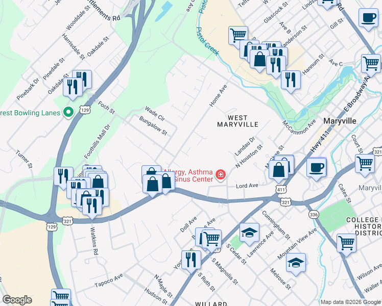 map of restaurants, bars, coffee shops, grocery stores, and more near 707 Haig Street in Maryville
