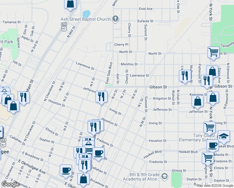 map of restaurants, bars, coffee shops, grocery stores, and more near 1006 North H Street in Muskogee
