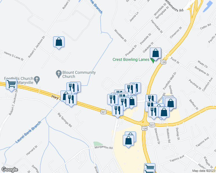 map of restaurants, bars, coffee shops, grocery stores, and more near 619 Ravencrest Drive in Maryville