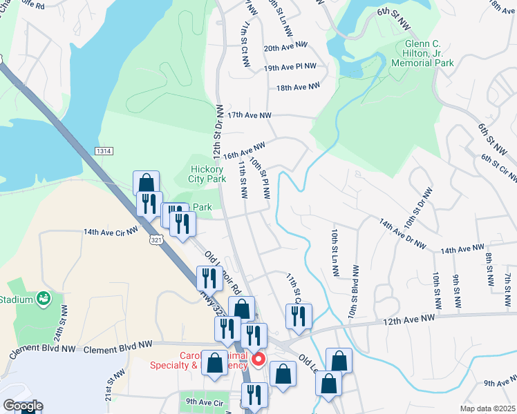 map of restaurants, bars, coffee shops, grocery stores, and more near 1076 15th Avenue Northwest in Hickory
