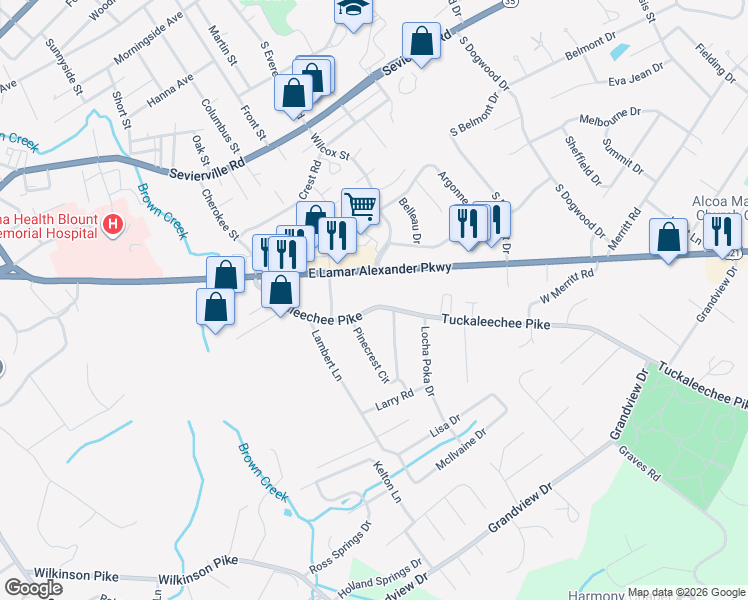 map of restaurants, bars, coffee shops, grocery stores, and more near 1715 Tuckaleechee Pike in Maryville