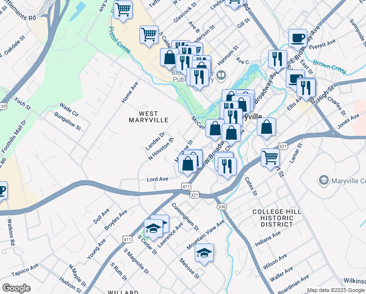 map of restaurants, bars, coffee shops, grocery stores, and more near 336 McGhee Street in Maryville