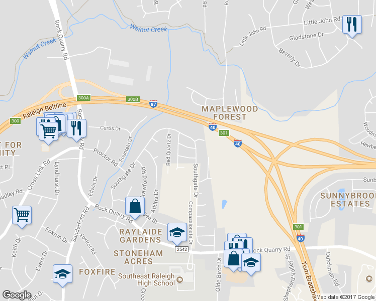 map of restaurants, bars, coffee shops, grocery stores, and more near 2620 Blue Coral Drive in Raleigh