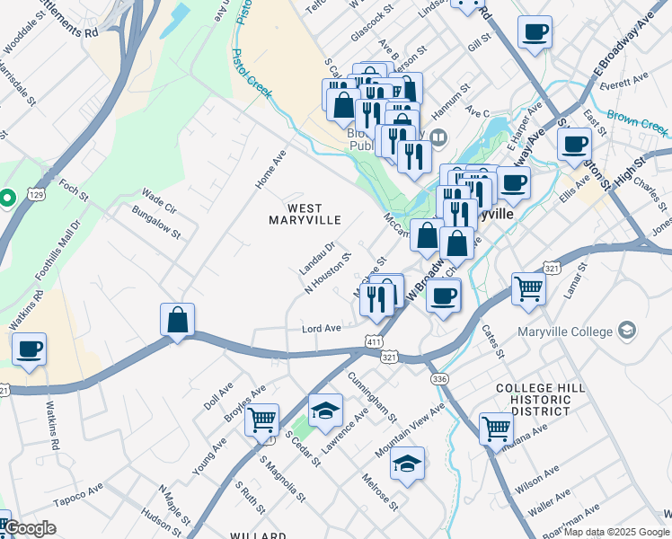 map of restaurants, bars, coffee shops, grocery stores, and more near 516 North Houston Street in Maryville