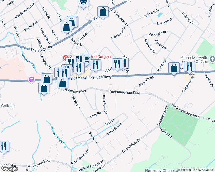 map of restaurants, bars, coffee shops, grocery stores, and more near 103 McNeilly Circle in Maryville
