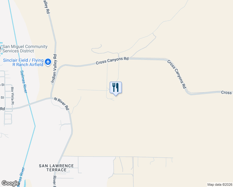 map of restaurants, bars, coffee shops, grocery stores, and more near 8585 Cross Canyons Road in San Miguel