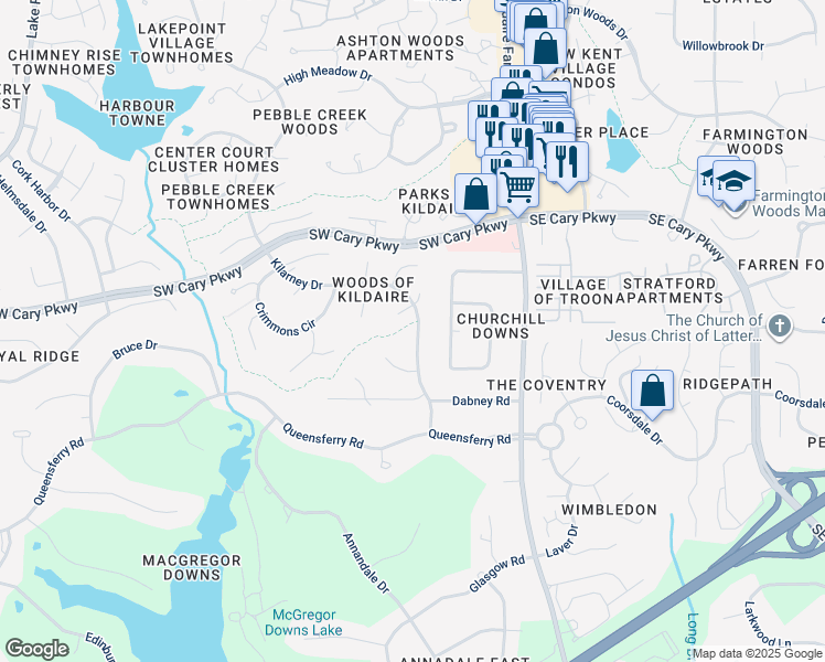 map of restaurants, bars, coffee shops, grocery stores, and more near 1529 Kilarney Drive in Cary