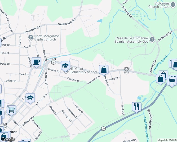 map of restaurants, bars, coffee shops, grocery stores, and more near East Union Street in Morganton
