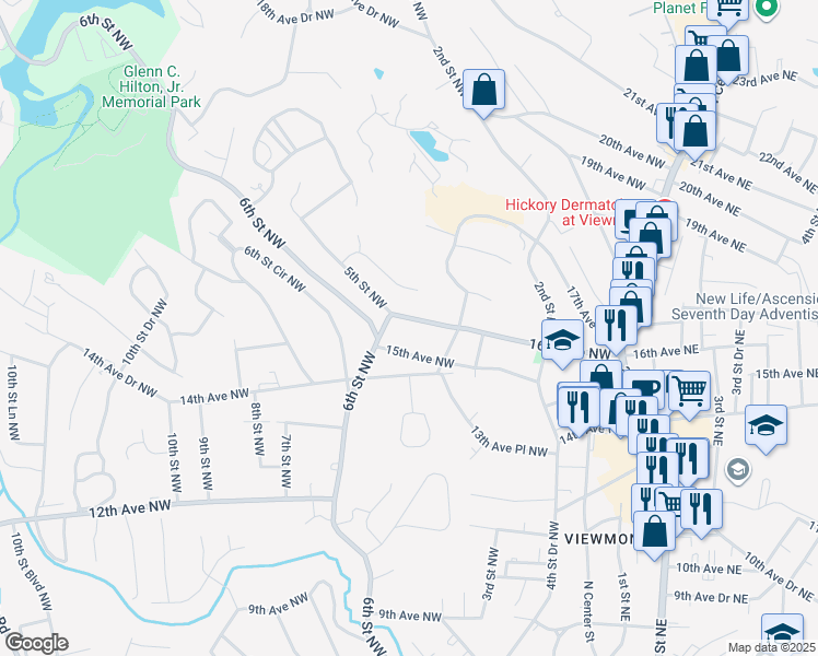 map of restaurants, bars, coffee shops, grocery stores, and more near 467 16th Avenue Northwest in Hickory