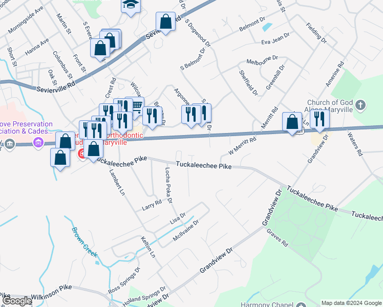 map of restaurants, bars, coffee shops, grocery stores, and more near 218 Michaels Court in Maryville