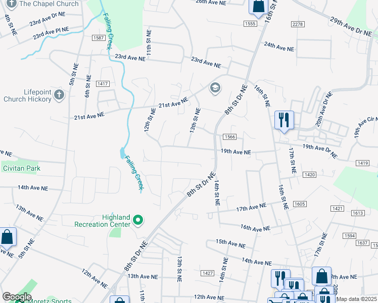 map of restaurants, bars, coffee shops, grocery stores, and more near 1310 19th Avenue Northeast in Hickory