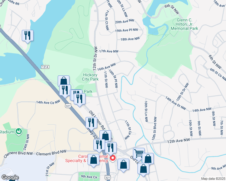 map of restaurants, bars, coffee shops, grocery stores, and more near 1076 15th Avenue Northwest in Hickory