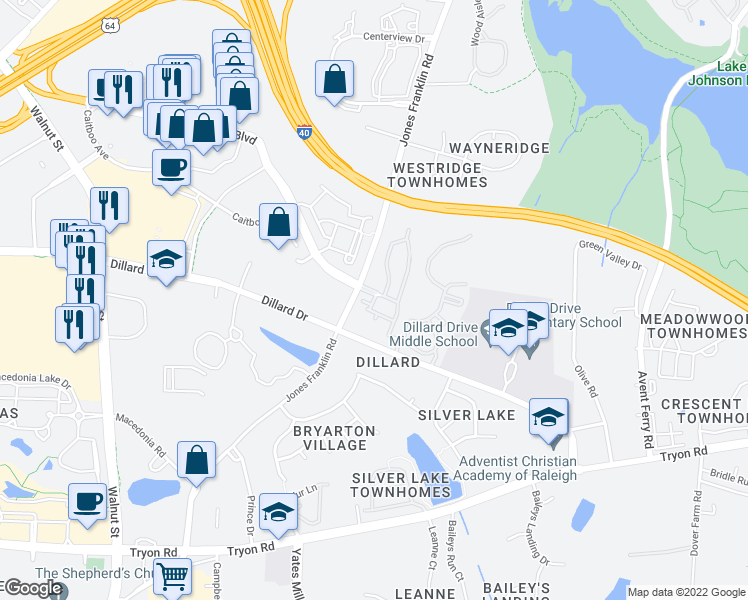 map of restaurants, bars, coffee shops, grocery stores, and more near Crossroads Heights Drive in Raleigh