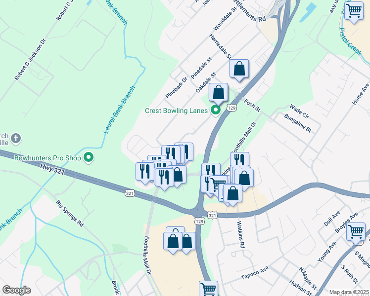 map of restaurants, bars, coffee shops, grocery stores, and more near 943 Foothills Mall Drive in Maryville