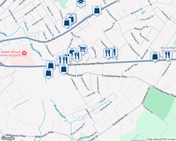 map of restaurants, bars, coffee shops, grocery stores, and more near 1715 Tuckaleechee Pike in Maryville