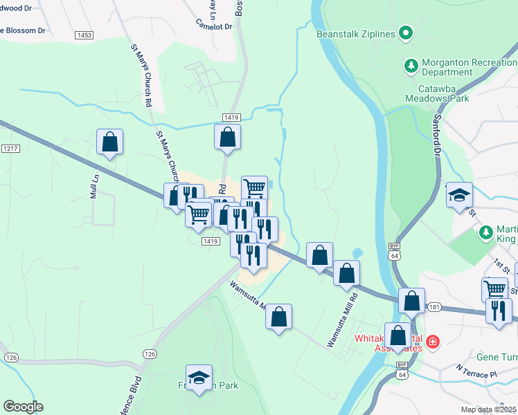 map of restaurants, bars, coffee shops, grocery stores, and more near 120 Bost Road in Morganton