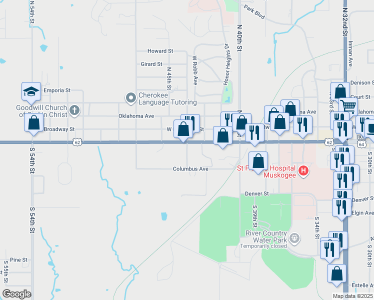 map of restaurants, bars, coffee shops, grocery stores, and more near 100 South 44th Street in Muskogee