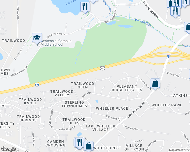 map of restaurants, bars, coffee shops, grocery stores, and more near 2608 Courier Court in Raleigh