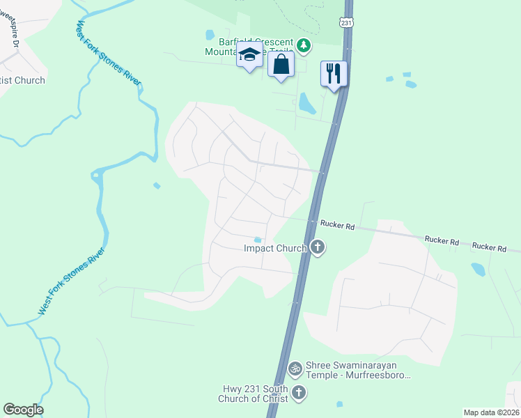 map of restaurants, bars, coffee shops, grocery stores, and more near 313 Burnley Way in Murfreesboro