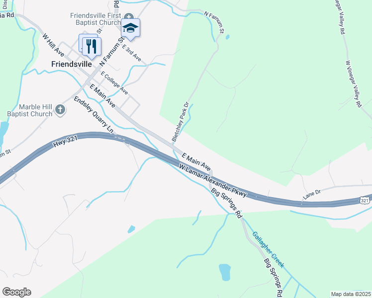 map of restaurants, bars, coffee shops, grocery stores, and more near 517 E Main Ave in Friendsville