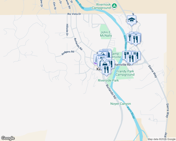 map of restaurants, bars, coffee shops, grocery stores, and more near 1 Silver Mine Road in Kernville