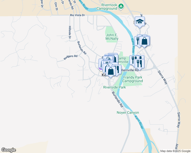 map of restaurants, bars, coffee shops, grocery stores, and more near 1 Silver Mine Road in Kernville