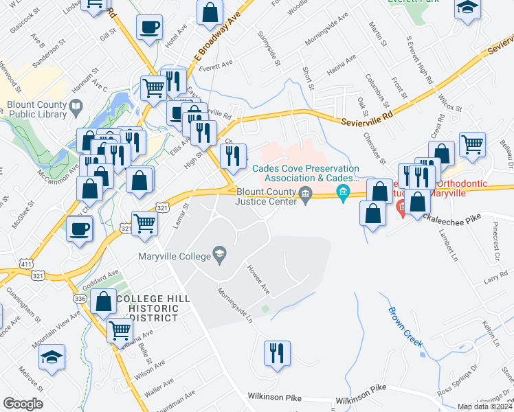 map of restaurants, bars, coffee shops, grocery stores, and more near 720 South Washington Street in Maryville