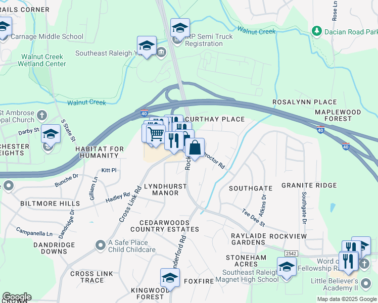 map of restaurants, bars, coffee shops, grocery stores, and more near Rock Quarry Road & Cross Link Road in Raleigh