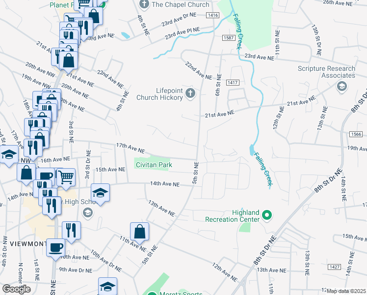 map of restaurants, bars, coffee shops, grocery stores, and more near 480 17th Avenue Drive Northeast in Hickory