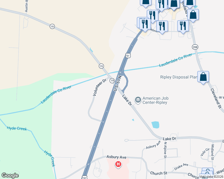 map of restaurants, bars, coffee shops, grocery stores, and more near 301 Lake Drive in Ripley