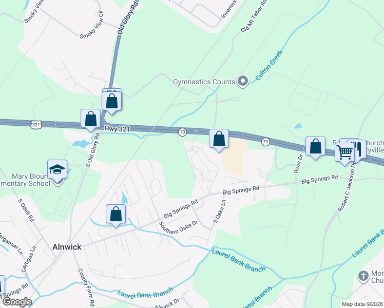 map of restaurants, bars, coffee shops, grocery stores, and more near 118 Camellia Trace Drive in Maryville