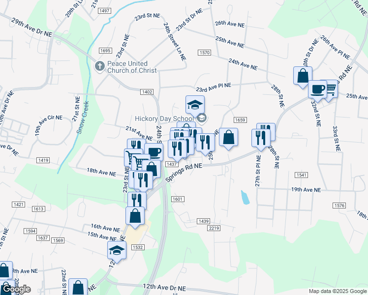 map of restaurants, bars, coffee shops, grocery stores, and more near 2501 Springs Road Northeast in Hickory