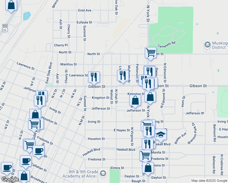 map of restaurants, bars, coffee shops, grocery stores, and more near 2111 Kingston Street in Muskogee