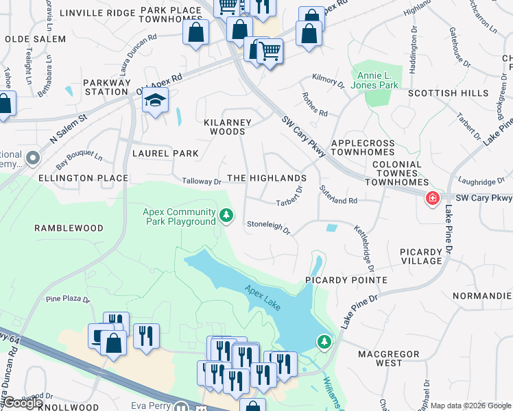 map of restaurants, bars, coffee shops, grocery stores, and more near 101 Stoneleigh Drive in Cary