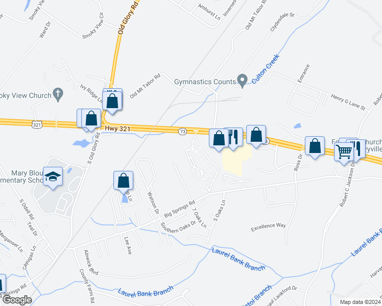 map of restaurants, bars, coffee shops, grocery stores, and more near 118 Camellia Trace Drive in Maryville